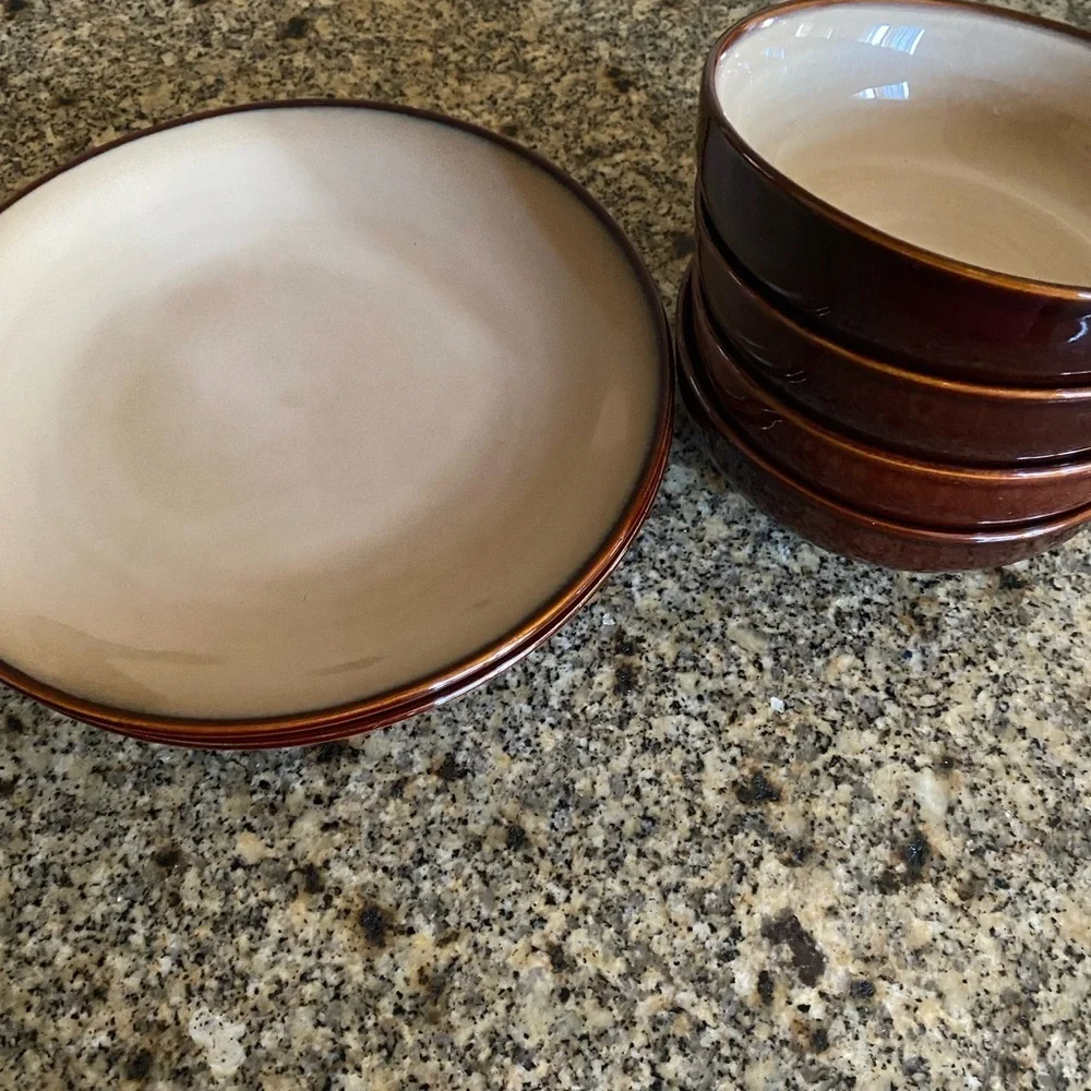 Sango Nova Brown 4933 Stoneware 2 Dinner Plates 4 Bowls Two Toned Dinnerware Set